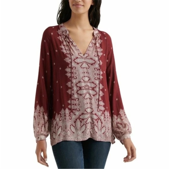 Lucky Brand Womens Border Print Peasant Tunic Top Blouse Size Large 1X Maroon - Picture 1 of 11